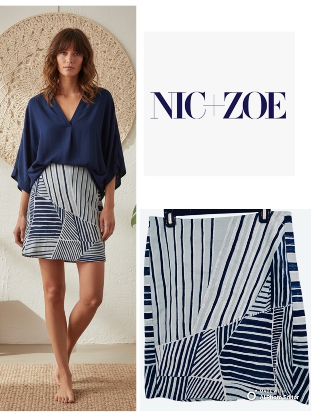 NIC+ZOE Navy and Turqoise Patchwork Stripe Mini Skirt